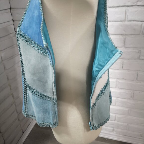 Danier Leather Ladies Size 10 Blue Teal & Off White Patchwork Lined Suede Vest - Picture 6 of 10